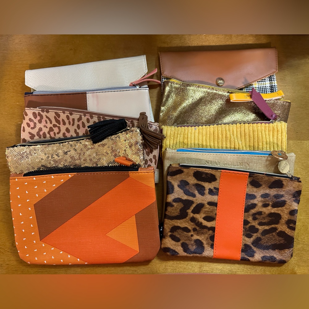 IPSY Bundle- 10 makeup bags (leopard, gold, orange, Tetris collab)